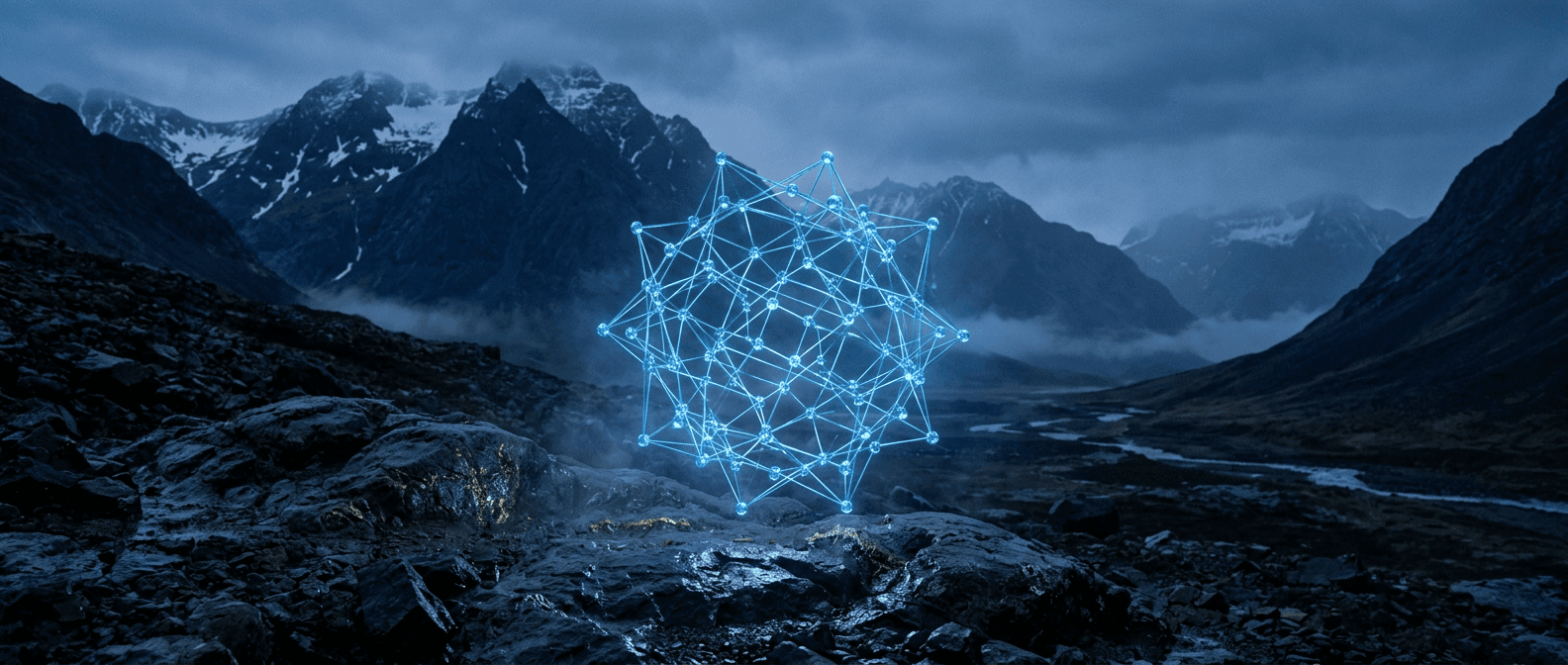A glowing blue molecular lattice floating above dark ore-veined rock in a Nordic valley at twilight