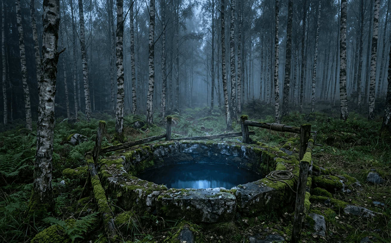 A still dark well ringed by old stones in a Nordic birch forest at dusk, with a faint blue light rising from the water